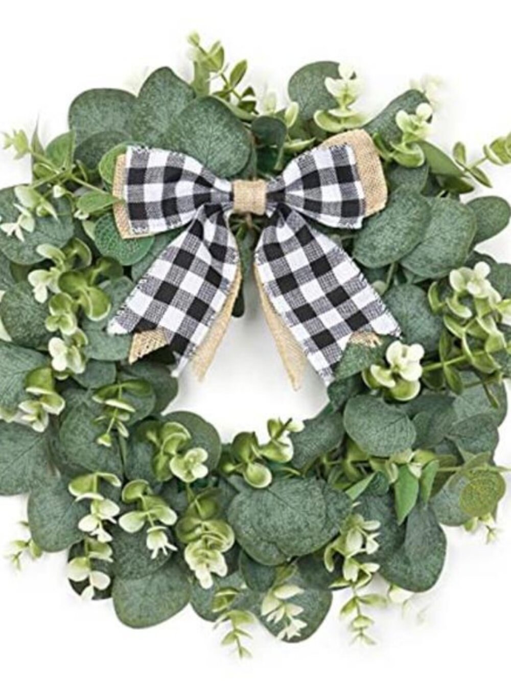 12" Artificial Eucalyptus Wreath with Plaid Bow Spring Summer